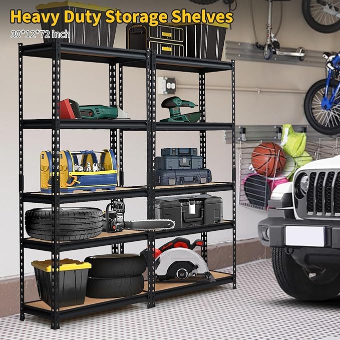 Storage Shelving Unit, 5-Tier Adjustable Metal Storage Shelves, 30" L x 12" W x 60" H Heavy Duty Garage Storage Shelves for Kitchen Pantry Basement Bathroom Laundry