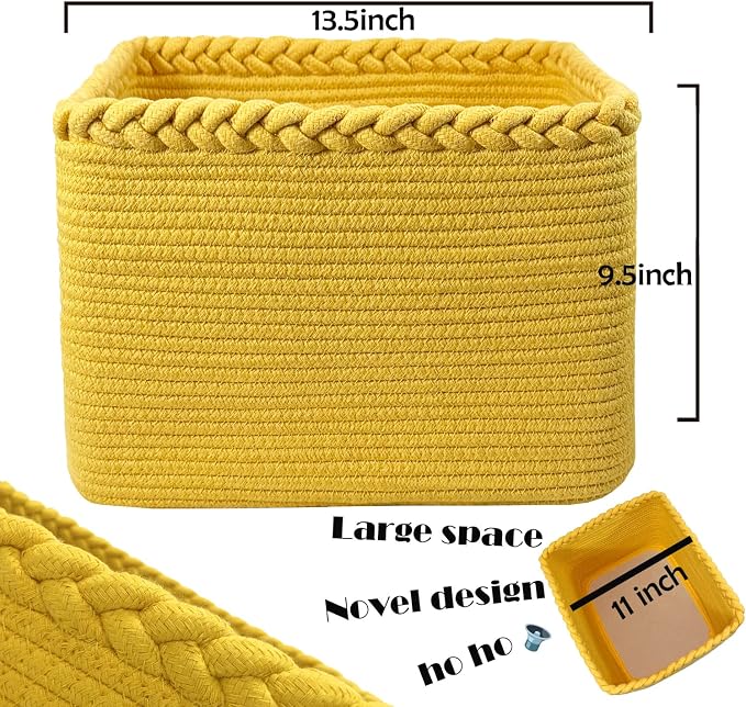 COMFY-HOMI 3PACK Cotton Rope Square Basket with Handles for Shelves| Storage|Baby Basket for GIF|Shoe Basket for Organizing|New13.5" x 11" x 9.5" for Living Room