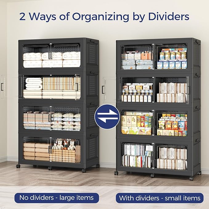 200GAL Extra Large Storage Bins with Lid, 800Qt Stackable Closet Organizers and Drawers, Collapsible Storage Bins with Wheels, Folding Containers for Home, Kitchen Office, 4Pack Black