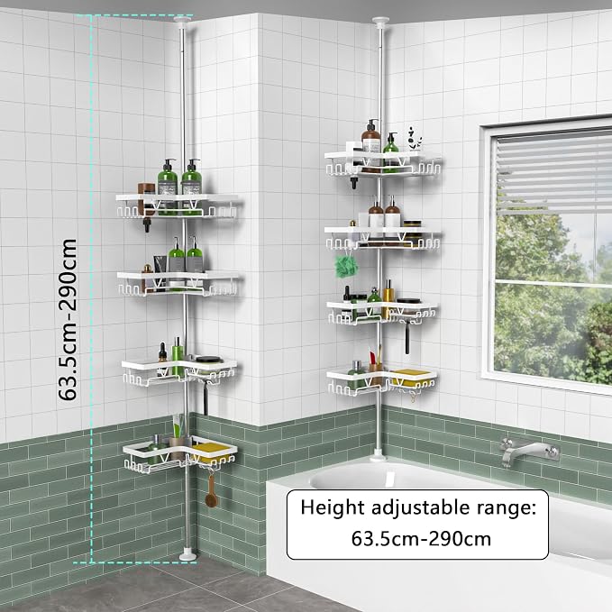 KEGII Corner Shower Caddy Tension Pole, Bathroom Storage, Matte White | 4-Tier Rustproof Steel Design with Soap Holder and Razor Rack, No Drill Space-Saving Storage for Shampoo and Towels
