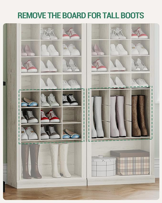 Hzuaneri 11 Tiers Shoe Storage Cabinet, Tall Shoes Cabinet with Cubby | Freestanding Wooden Shoe Organizer, 30-33 Pairs, Shoes Cubby Organizer for Entryway, Bedroom, Rustic White SR02014X