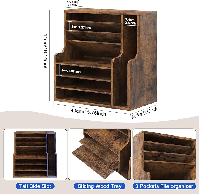 Wood Desktop File Holder Organizer Mail Sorter for File Folders, Mails, Envelopes or Magazines, 8 Compartments (Brown)