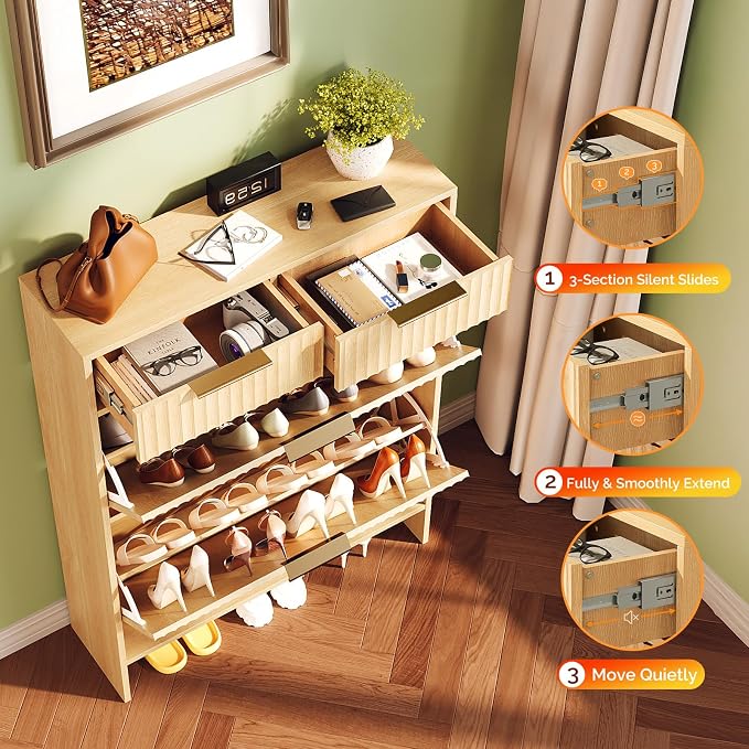VINGLI Fluted Shoe Cabinet for Entryway, Slim Shoe Storage Cabinet with 2 Flip Drawers & 2 Top Drawers, Modern Hidden Shoe Rack Organizer with Adjustable Shelves, Narrow Freestanding Console, Oak