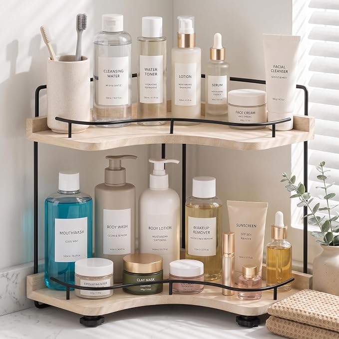 2-Tier Bathroom Counter Organizer, Solid Wood Corner Shelf for Vanity Countertop, Skincare & Makeup Storage Organizer with Metal Frame, Kitchen Counter Storage, Light Brown