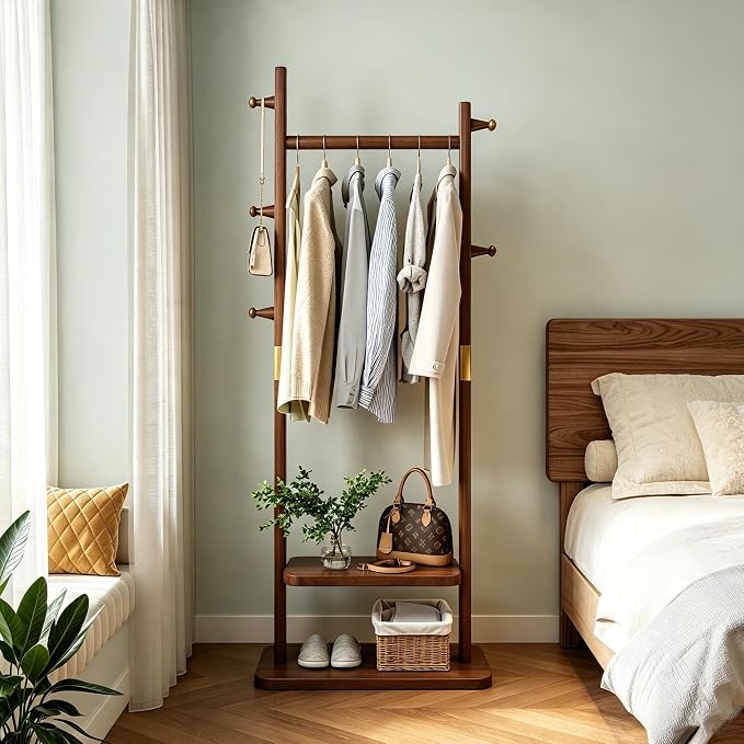 SOBIBO Wood Coat Rack Freestanding with Shelves & Hooks, 23.6inch, Walnut | Solid Wood Frame, 3-in-1 Clothes Rack, Garment Rack with Storage for Bedroom, Hallway, Entryway, Office, Living Room