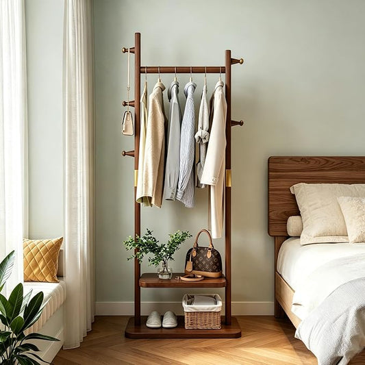 SOBIBO Wood Coat Rack Freestanding with Shelves & Hooks, 23.6inch, Walnut | Solid Wood Frame, 3-in-1 Clothes Rack, Garment Rack with Storage for Bedroom, Hallway, Entryway, Office, Living Room