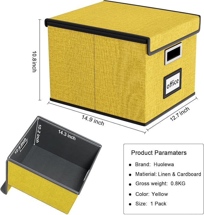 File Organizer Box with Lids, Collapsible File Folder Organizer | File Box with Plastic Slides for Office Document Storage, Filing Bin for Letter Size Hanging File Folders (1 Pack, Yellow)
