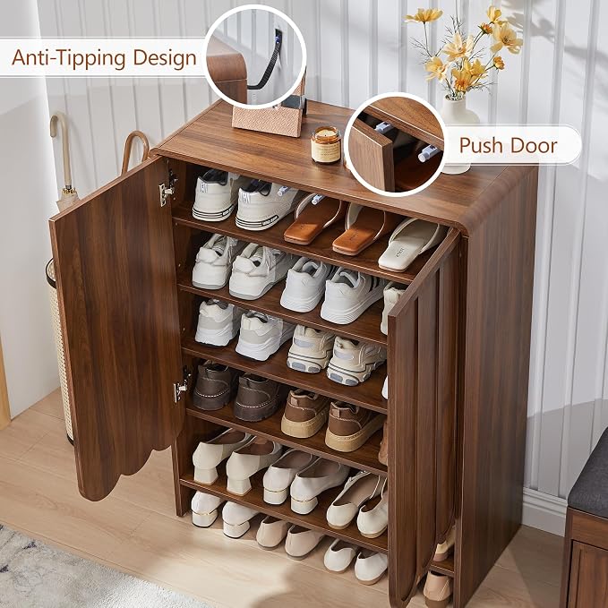 Shoe Storage Cabinet with Scalloped Doors, 5-Tier Wooden Shoe Cabinet with Adjustable Shelves, Shoes Rack Storage Organizer for Entryway, Hallway, Living Room, Walnut