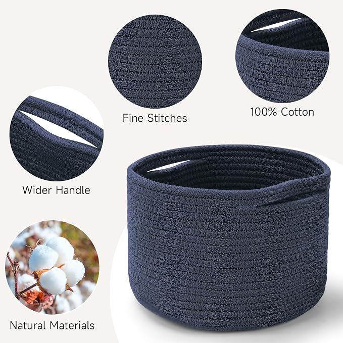 3 Pack Small Rope Storage Baskets, 9.82×9.82×7.1", Navy Blue | Cotton Basket for Gifts Empty, Cute Round Woven Basket, Decorative Shelf Basket Organizer, Organizing Basket for Shelves