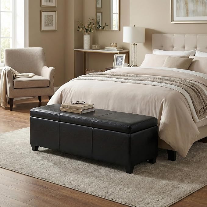 SIMPLIHOME Avalon Storage Ottoman Bench - 48" Wide x 16" High Upholstered Vegan Leather Rectangular Lift-Top Ottoman in Midnight Black, Contemporary Bench for Living Room with High-Density Foam
