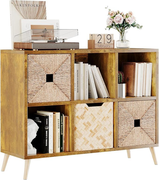 6 Cube Storage Organizer, Wood Bookcase with Legs, Modern Freestanding Cubby Shelving Unit, Book Shelf Toy Storage Cabinet for Bedroom, Living Room, Kids Room, Fits 11 Inch Bins, Rustic Brown