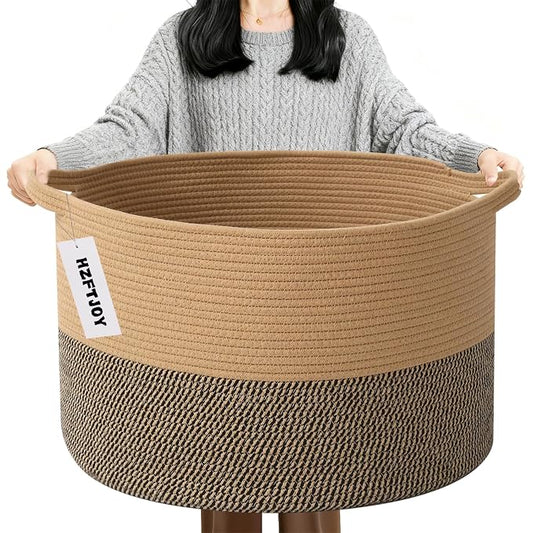 90L Extra Large Blanket Basket,Woven Rope Laundry Basket-Jute&Black | Collapsible, reinforced handles, nursery storage bin organizes clothes, toys and pillows for living room, bedroom bathroom