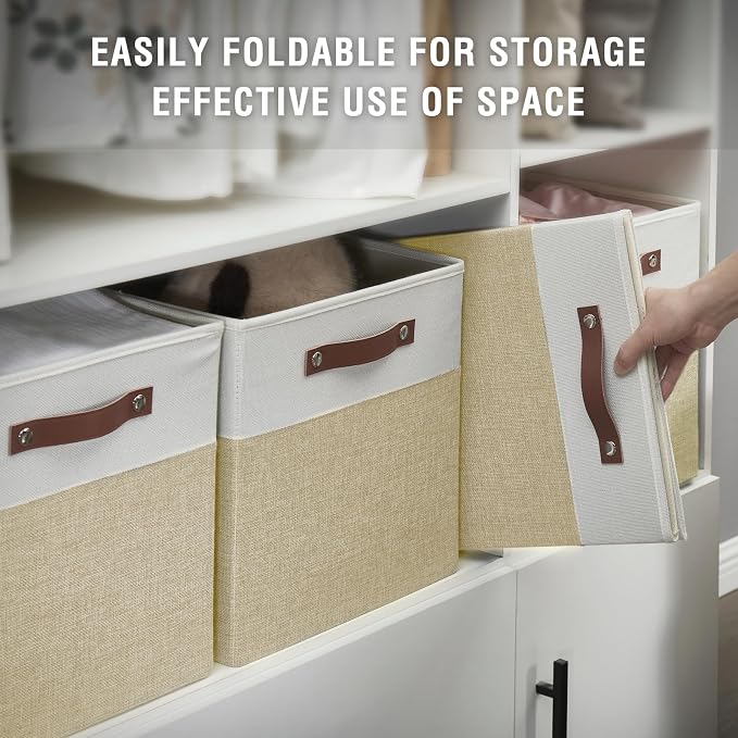 Bagnizer 13x15x13 Storage Cube Bins, Foldable Storage Organizer Baskets, Fabric Cube Storage Boxes with 2 Reinforced PU Handles for Kallax, Shelves, Living Room | 4 Pack, Beige & White