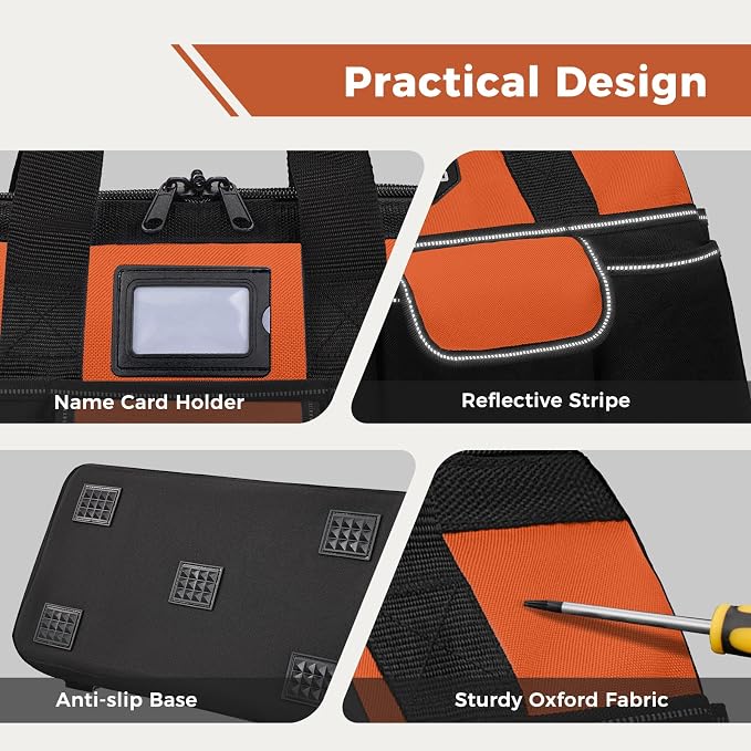 16-Inch Heavy Duty Tool Bag, 22 Pockets Empty Tool Box Organizer Storage, Soft Tote Toolbox Organization Portable Handle Carrying Work Toolbag for Electrician Mechanic, Dad Men Gifts, Orange