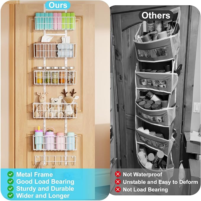 Hongtamoya Over The Door Organizer, Hanging Door Organizer with 5 Metal Baskets, Behind The Door Storage for Pantry Closet Bedroom Bathroom Cabinet Kitchen, White