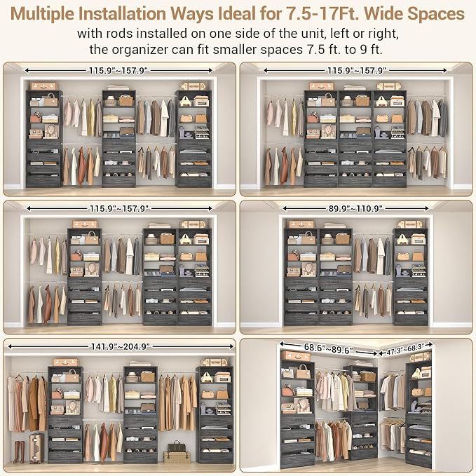Aheaplus Closet System with 12 Drawers, 8.5-11.5Ft Wood Closet Organizer System with 4 Hang Rods & 3 Towers, 4Ft & 6Ft L-Shaped Walk-in Closets Wardrobe Organizer Clothes Rack, Set of 3, Black Oak1