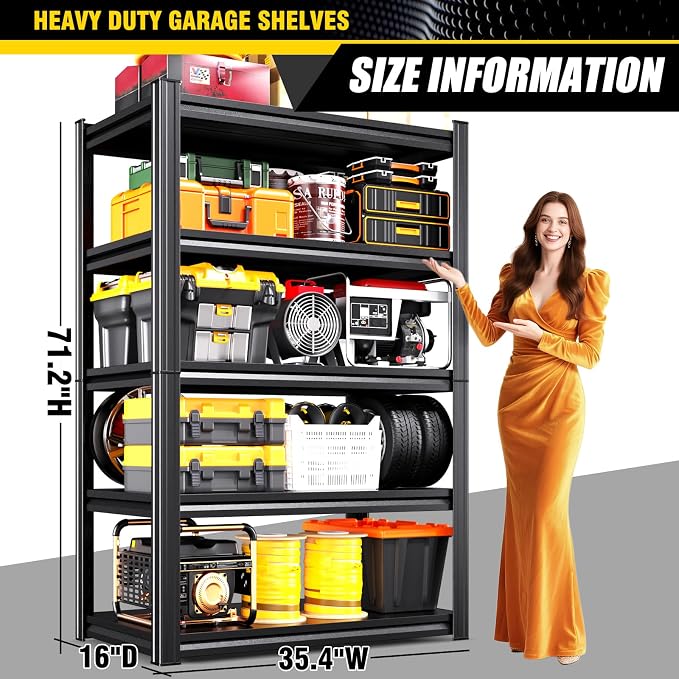 Set of 6 Heavy Duty Garage Shelving Unit, 71.2" H x 35.4" W x 16" D, 5-Tier Adjustable Storage Shelves for Garage Storage, Standing Shelf Unit & Shelves Organizer for Home, Warehouse, Workshop