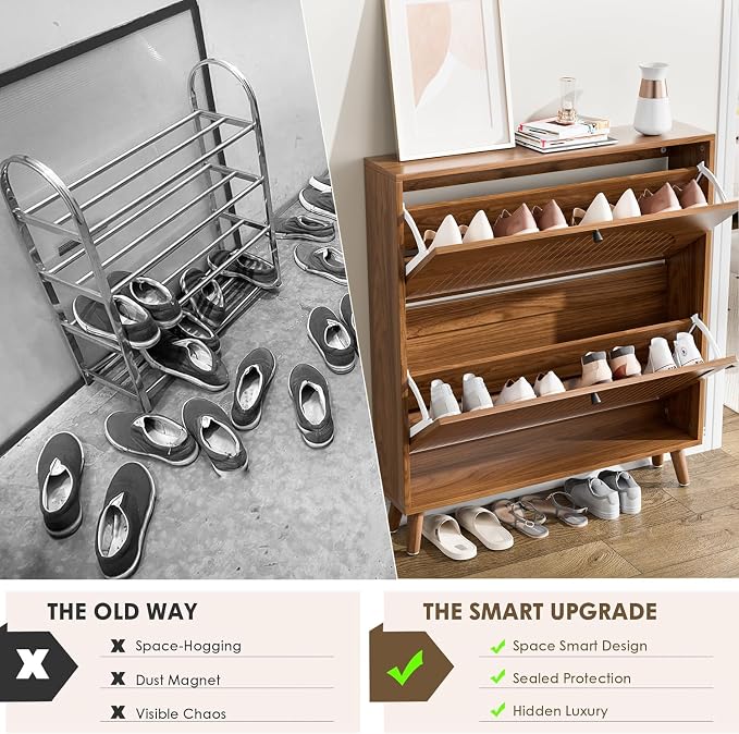 Fsbecl Shoe Storage Cabinet for Entryway with 2 Flip Drawers, Narrow Wood Shoe Cabinet with Fluted Panel, Freestanding Hidden Shoe Organizer for Hallway