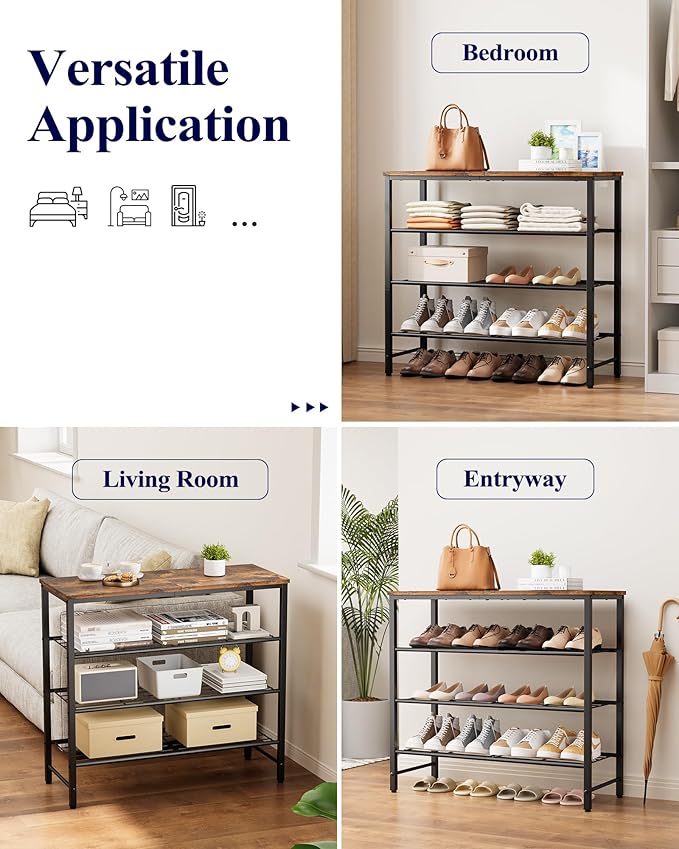 Kitsure Shoe Rack for Closet, Shoe Storage, 29.5" Wide - 4 Tier, Brown | Space-Saving Shoe Organizer with Leveling Feet, Sturdy & Rust-Proof Wooden Shoe Rack for Entryway, Bedroom, Living Room