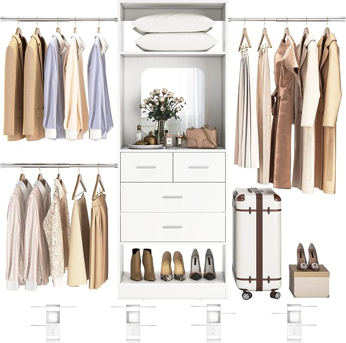 Unikito 8FT Closet System with Mirror and 3 Extendable Hanging Rods, White | 48" - 96" Walk in Closet Organizer with 4 Drawers and 25” Tower, Sturdy Wood Closet Insert, Adjustable Width, Heavy Duty