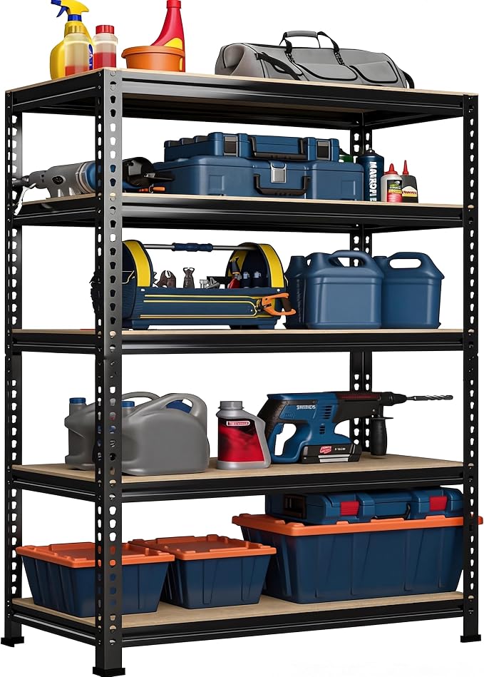 PrimeZone 5 Tier Garage Shelves for Storage, Adjustable Metal Shelf, Black | Heavy Duty Metal Connectors, FSC Wood Board, Easy Assembly, Standing Rack for Warehouse, Basement, 27.5"W X 12"D X 59 H