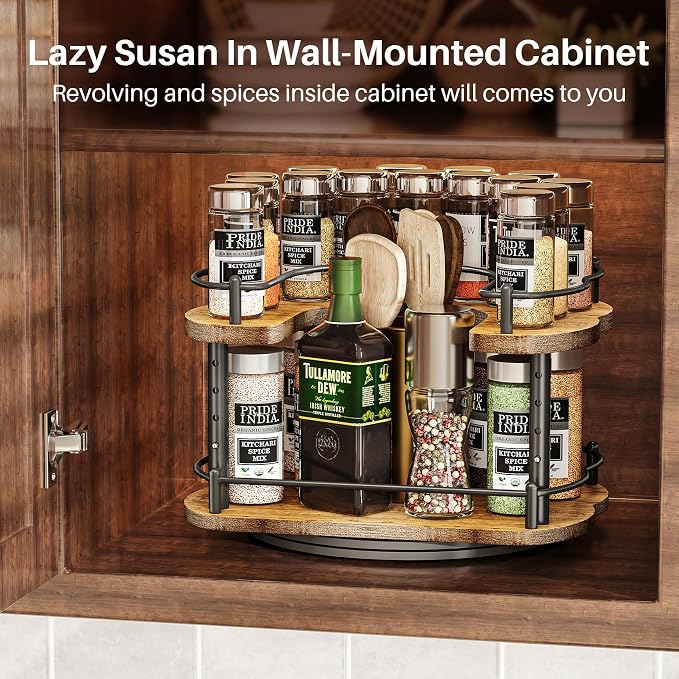 Lazy Susan Organizer Spice Rack - Spice Organization for Cabinet Height Adjustable Rotating Lazy Turntable, Pantry Kitchen Wood Revolving Seasoning Organizer (Vintage, 12 Inch)