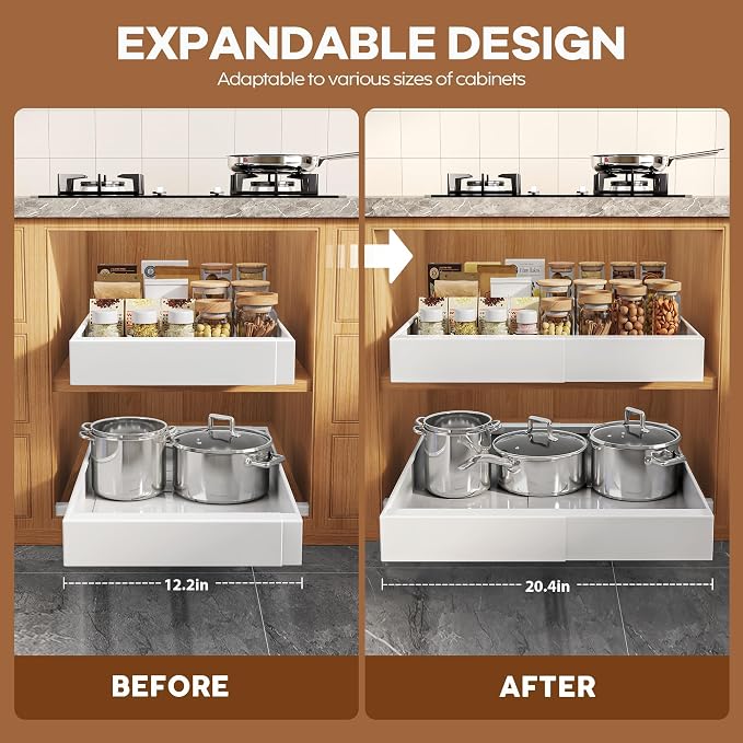 Seinloes 1 Pack Expandable Pull Out Cabinet Organizer 21" Deep with Raising Pad for Framed Cabinets,Upgrade 3 Slide Rails Slide Out Drawers,Roll Out Shelves Adhesive,Adjustable Width 12.05"-20.4"White