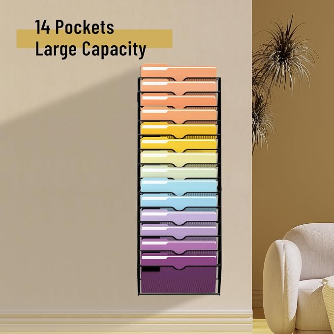 SUPEASY 14-Tier Wall File Organizer, Mesh Hanging Wall Mount File Holder | Paper, Folder, Magazine Rack Great for Office Home School, Assembly Needed, Black