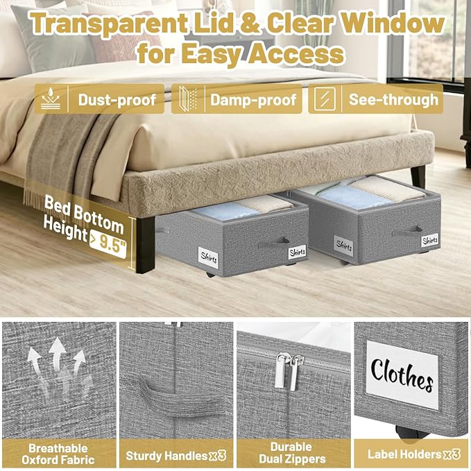 Under Bed Storage with Wheels, 2 Pack Underbed Storage Containers with Clear Lid & Label, XXL 75L Easy Assembly Rolling Under Bed Shoe Storage for Clothes, Shoes, Blankets, Gray(28.3 X 16.5 X 9.5 in)