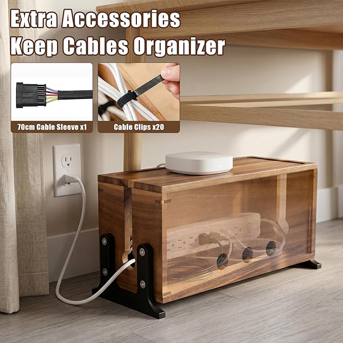 Extra Large Acacia Wood Cable Management Box, Pet Child Safe Cord Hider | Home Decor Cord Organizer, Sturdy Cable Hider Box for Power Strip, TV Wires, Desk & Floor & Office Under Desk Cable