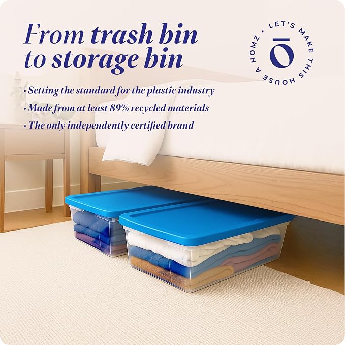 HOMZ Snaplock Clear Plastic Bin 41 Quart/10 Gallon | Storage Tote with Secure Lid | for Home, Office, Garage, Dorm Room Organizer | Stackable & Nestable | Blue Lid, Pack of 2