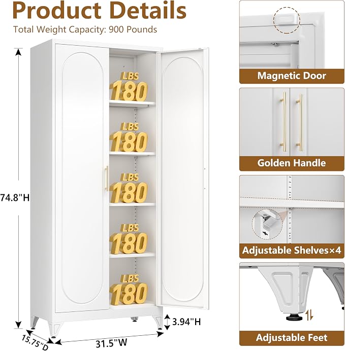 Polup 75" Tall Metal Kitchen Pantry Storage Cabinet with Doors and Shelves | White Freestanding Cupboard, 5-Tier Heavy Duty, 4 Adjustable Shelving, Gold Handles, for Garage, Dining Living Room, Office