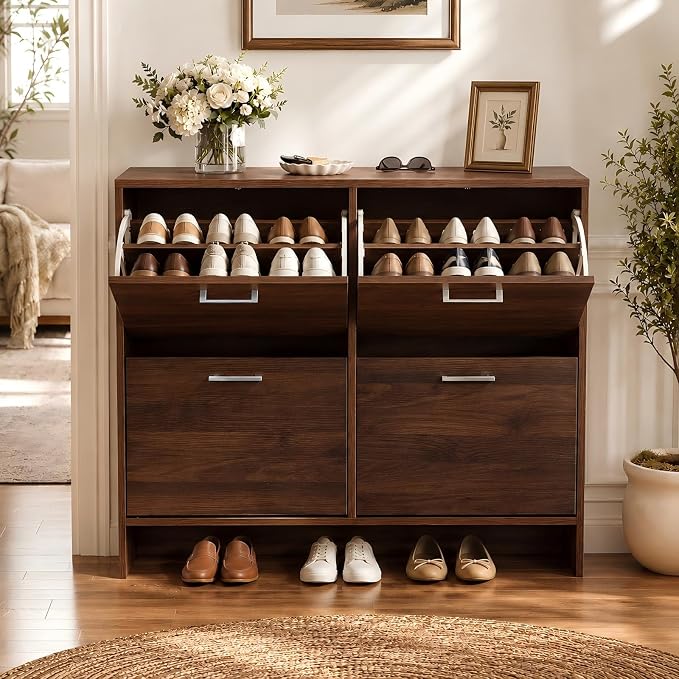 VINGLI Walnut Shoe Cabinet for Entryway, Slim Rustic Shoe Storage Cabinet with 4 Flip Drawers, Mid-Century Modern Wood Shoe Rack Organizer, Narrow Farmhouse Cupboard, Dark Brown, 42 Inch