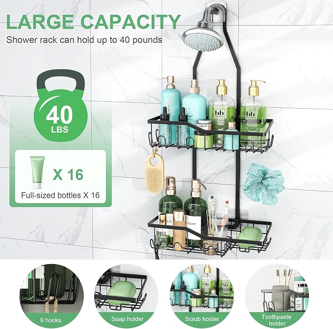 Shower Caddy Hanging,Rustproof Anti-Swing Shower Organizer,2 Tier Hanging Bathroom Caddy Anti-swing and Non-slip,Bathroom Organizer with 18 Hooks for Razor/Sponge (Black, Large)