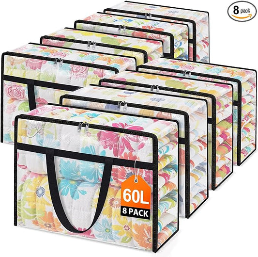 8 Packs 60L Clear Under Bed Storage Containers, Large Clothes Storage Bags | Heavy Duty Large Capacity Foldable Moving Bags with Sturdy Handles, Clothing Organizer Totes for Bedding Comforter Sheet