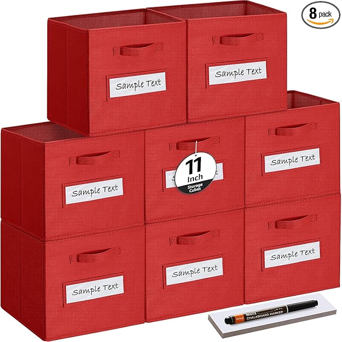 Fabric storage cubes (Set of 8) 11 Inch Cube Storage Bin, Cube storage with 8 Labels Window Cards & a Pen, Foldable cube organizer bins,11x11 Storage bin, Cubby Organizer Boxes, Red