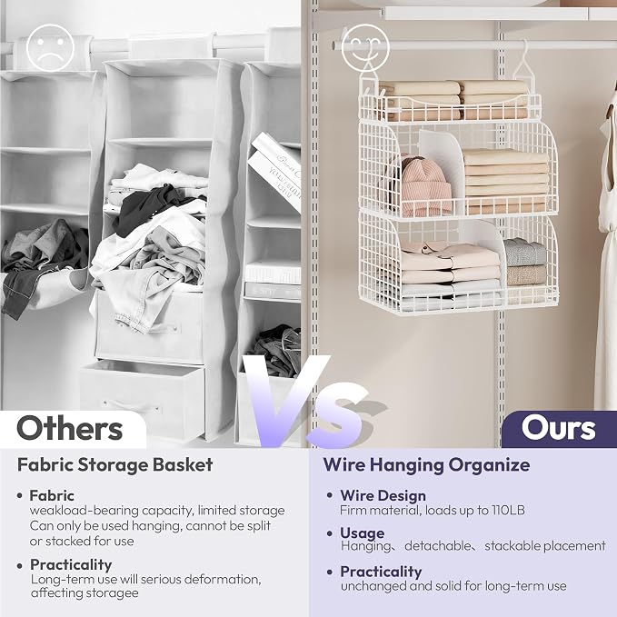 SWTYMIKI Hanging Closet Organizer Storage - 3 Tier Metal Stackable Hanging Closet Shelves with Dividers and S Hooks, Foldable Clothes Shelves for Clothes, Pants, Shoes, Coat, Hats Clutches Accessories