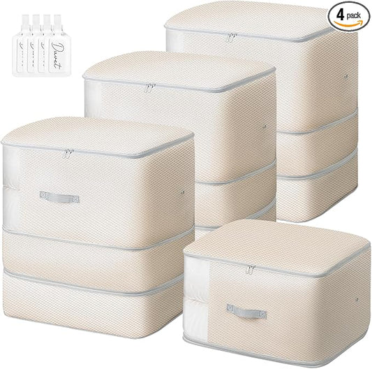 Comforter Storage Bag - 130L Large Capacity Blanket Storage Bags 3-Layer Ultra Space Saving Self Compression Organizer, Washable Compression Bags for Storage Comforter Blanket, 4-Pack, Beige