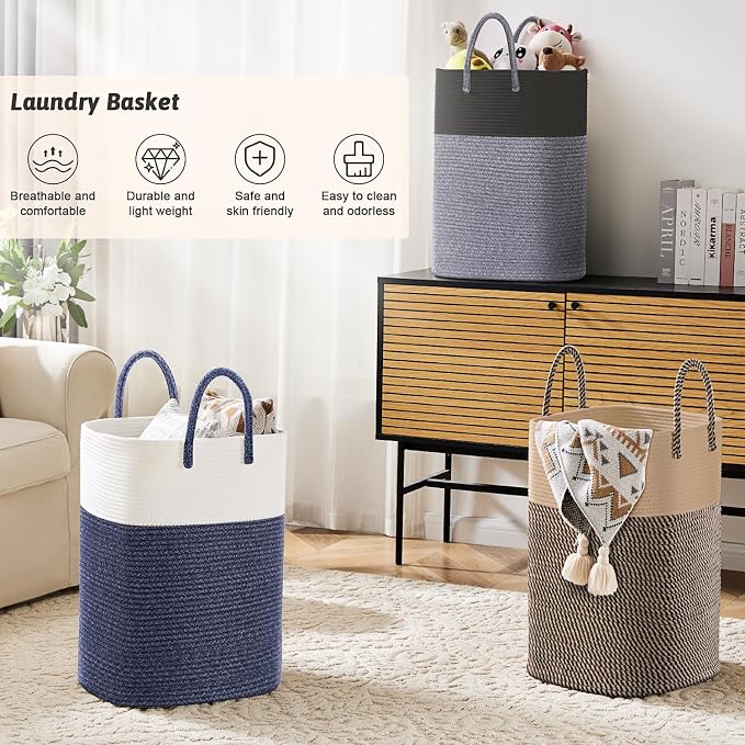 Laundry Basket,Woven Cotton Rope Laundry Hamper,Versatile Storage for Dirty Clothes,Baby Toys,and Blankets in Bathroom, Nursery,and Living Room (Black, 100L)