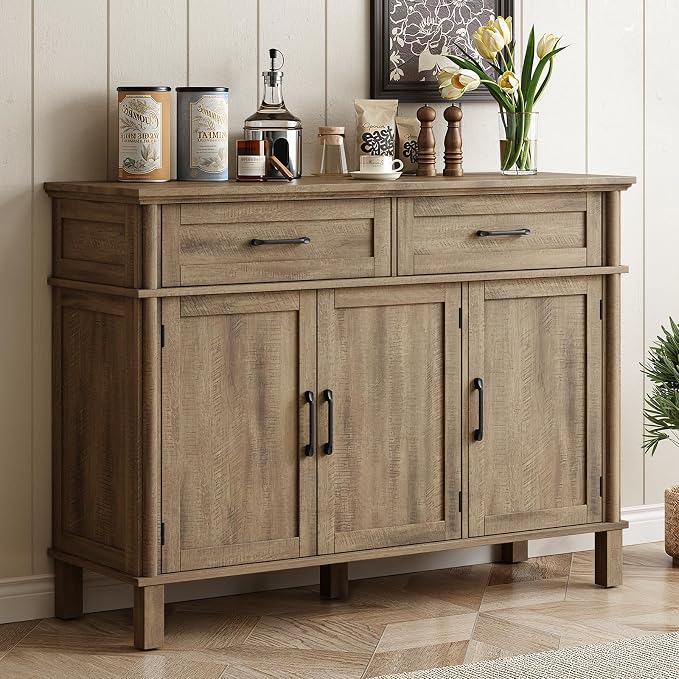 48 Inch Buffet Cabinet with Storage, Farmhouse Sideboard Buffet w/2 Drawers and 3 Doors, Coffee Bar Cabinet with Adjustable Shelves, Sideboard Storage for Kitchen, Living Room, Washed Grey