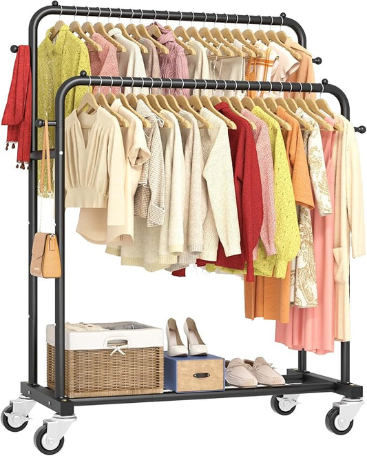 Laiensia Double Rods Garment Rack with Wheels, Clothing Rack for Hanging Clothes,4 Hooks, Multi-functional Bedroom Clothes Rack, Black