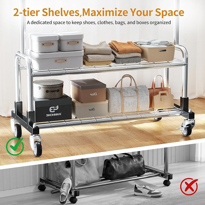 Luxspire Rolling Heavy Duty Clothes Rack with 2 Sturdy Shelves Load 600 LBS | Zinc-iron alloy frame, lockable silent wheels, adjustable extendable rods for bedroom and laundry room garment storage