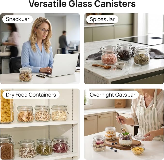 Vtopmart 16oz Glass Food Storage Jars with Airtight Clamp Lids, 3 Pack | Food Storage Canisters, Wide Mouth Canning Jars for Spices, Jams, Coffee Beans, Pickles, Pantry Organization, Shallow Drawers