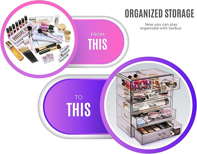Sorbus Acrylic Makeup Organizer Set, 6-Drawer Vanity & Countertop Cosmetic Storage with Small & Wide Drawers, Purple Makeup Storage for Brushes, Lipsticks, Jewelry – Holiday Gift for Women & Teens