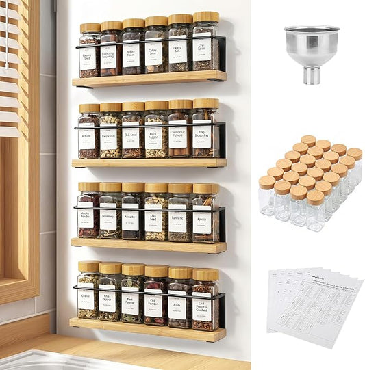 Bamboo Magnetic Spice Rack for Refrigerator, Space Saving Complete Set with 24 Bamboo Lid Glass Jars, 216 Waterproof Labels & Steel Funnel, Fridge Spice Organizer, 11.6" W x 2.4" D x 3.2" H