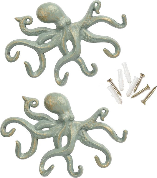 Key Holder for Wall, Iron Coat Hooks Wall Mounted Towel Hooks for Bathrooms, 2Pcs Heavy Duty Decorative Hooks - Gold Green