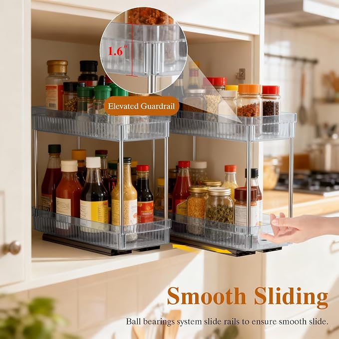 DABIGE 2 Pack Pull Out Spice Rack Organizer for Cabinet, 2 Tier Slide Out Spice Racks Organizer, Spice Cabinet Organizers, Cabinet Size Need:12'' High x 11'' Deep x 5'' Wide, Clear Acrylic