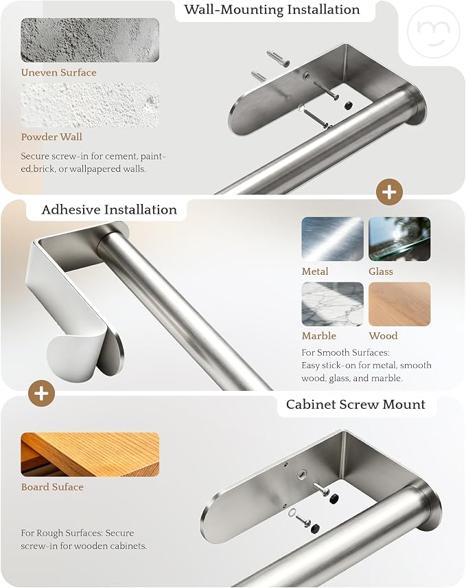 Paper Towel Holder Under Cabinet Adhesive or Drilling Silver | Drill Wall Mount or Adhesive, Easy Roll Loading, Heavy Duty, Stainless Steel Paper Towel Roll Rack for Kitchen, Bathroom