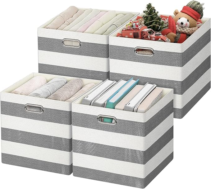 Posprica Storage Bins Storage Cubes,13×13 Collapsible Storage Boxes Containers Organizer Baskets for Nursery,Office,Closet,Shelf - 4pcs,Black-white Striped