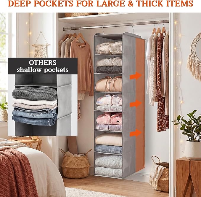 Deep Pocket Hanging Closet Organizer, 8 Tier Hanging Shoe Organizer | Adjustable Shelf Height Closet Organizers and Storage for Sweaters, Shoes, Hoodies & Blankets, Heavy Duty Hanging Shelves